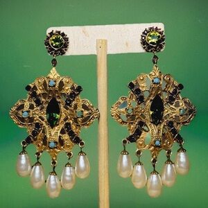 Rare Vintage Gerard Yosca Gold Gilded Faux Pearl Crystal Chandelier Earrings